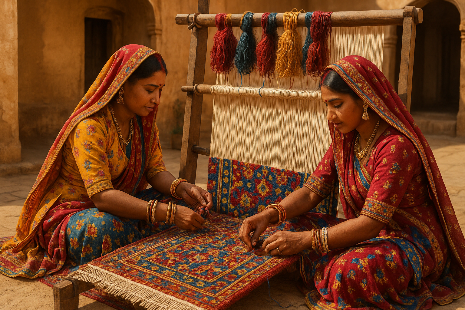 RAJASTANI WOMEN WEAVING A HAND KNOTTED RUG