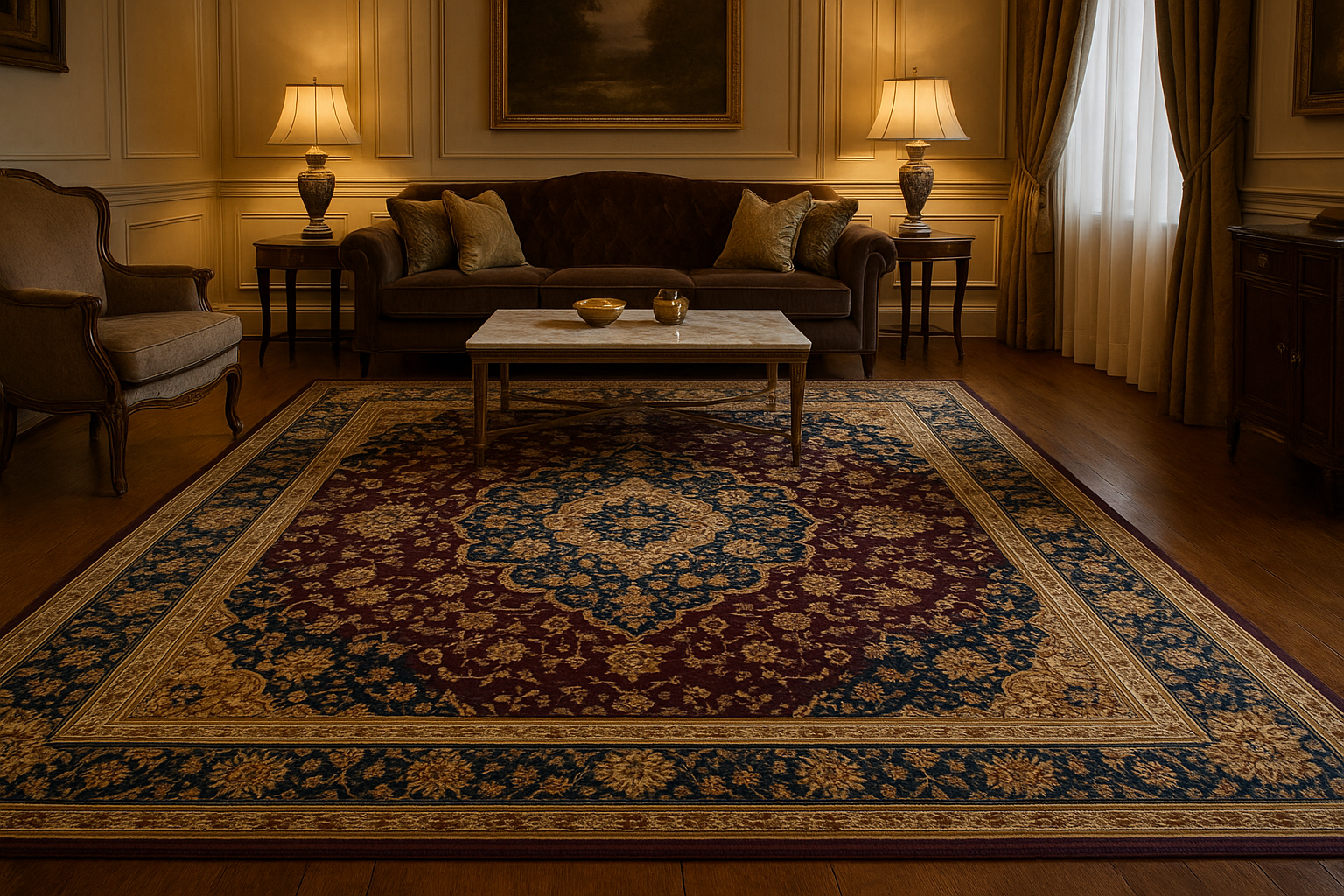 a luxurious living room with rug